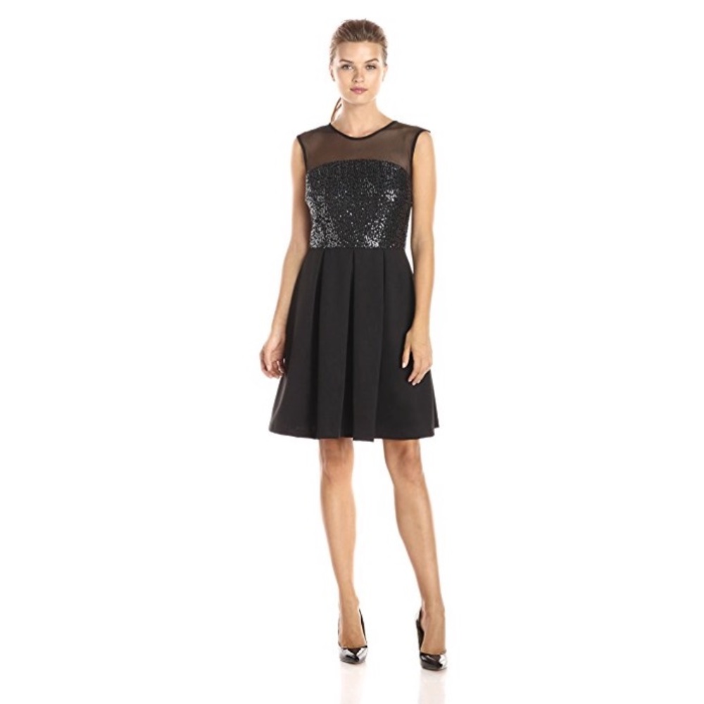 Black Sequin Illusion Sleeveless Scuba Material A-Line Dress Size 10